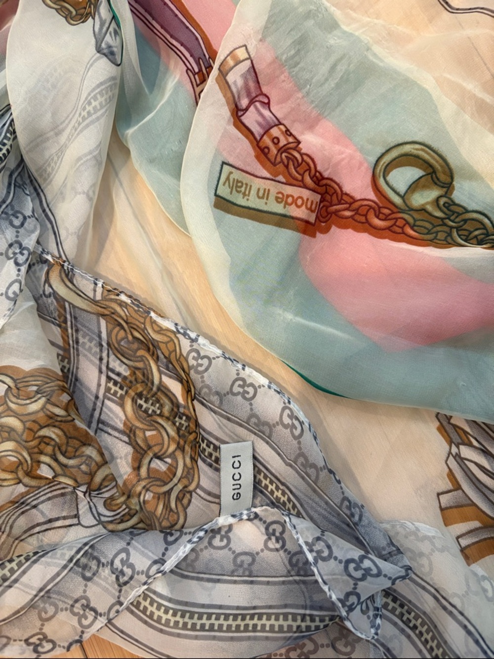 Gucci Pastel Stripe & Chain Silk Scarf - Cream, Pink, Mint, Teal - Picture 2 of 3